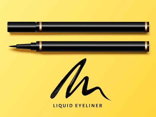 Vettore set di eyeliner liquido, vista dall'alto del prodotto eyeliner per uso cosmetico in illustrazione 3d, isolato su giallo con tratto nero