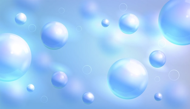 Sfondo fluido liquido con palline. layout per la progettazione di cosmetici o farmaci. palline blu, elementi geometrici. modello minimalista alla moda