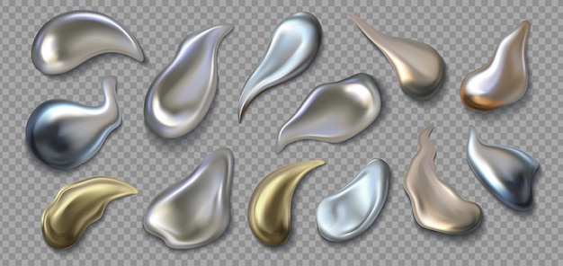 Liquid metal realistic 3d chrome smear silver or golden melted texture mercury drops on transparent background fluid pearl droplets set metallic paint vector glossy grey blob