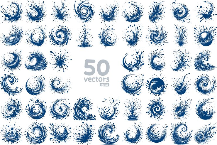 liquid in a moving state waves splashes whirlpools large collection of vector stencil drawings
