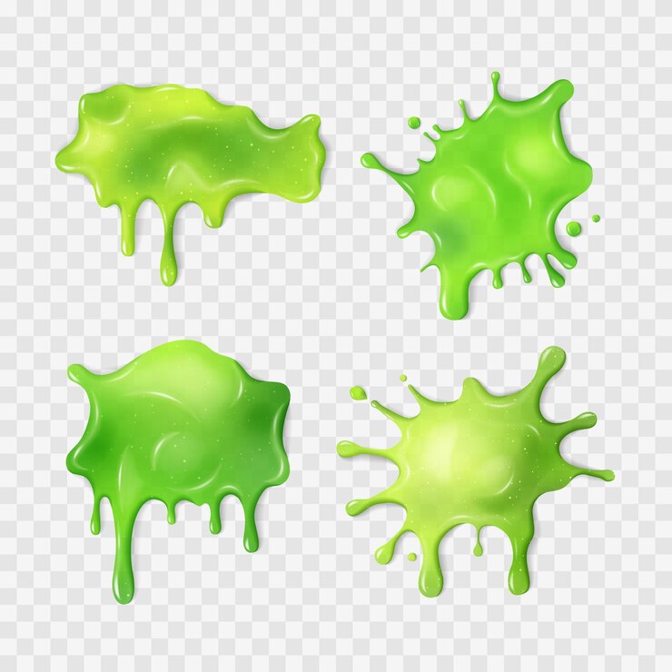 Liquid neon green slime blot set Realistic slimy stains with drops Different shapes of mucus