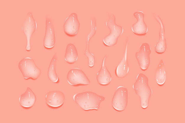Вектор Жидкие розовые влажные капли геля или коллагена пролитые лужи косметической сыворотки или воды
