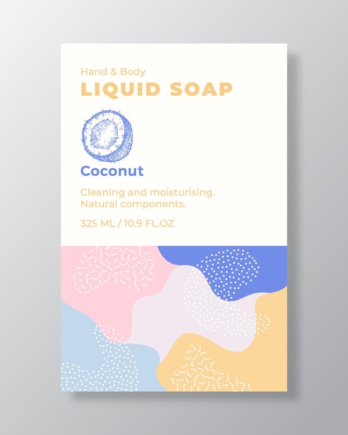 Liquid Soap Package Label Template Abstract Shapes Camo Background Vector Cover Cosmetics Packaging Design Modern Typography and Hand Drawn Coconut Sketch