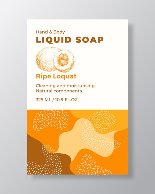 Vector liquid soap package label template. abstract shapes camo background vector cover. cosmetics packaging design. modern typography and hand drawn loquat fruit sketch. isolated