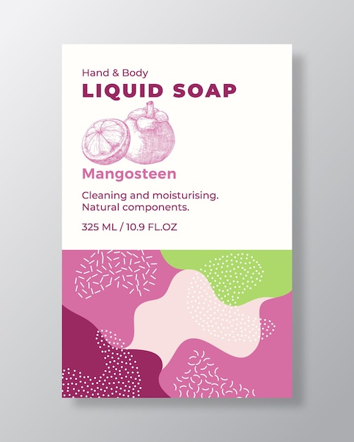 Vector liquid soap package label template abstract shapes camo background vector cover cosmetics packaging design modern typography and hand drawn mangostine with half sketch isolated