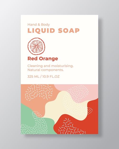 Liquid Soap Package Label Template Abstract Shapes Camo Background Vector Cover Cosmetics Packaging Design Modern Typography and Hand Drawn Red Orange Citrus Sketch