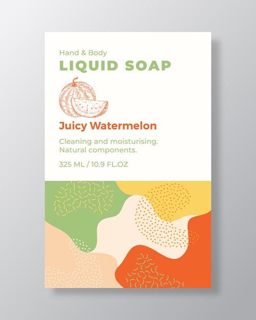 Liquid soap package label template abstract shapes camo background vector cover cosmetics packaging design modern typography and hand drawn watermelon sketch