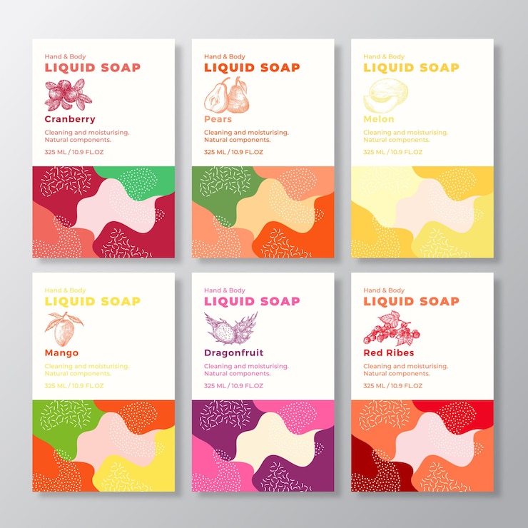 Vector liquid soap package label templates set shapes camouflage