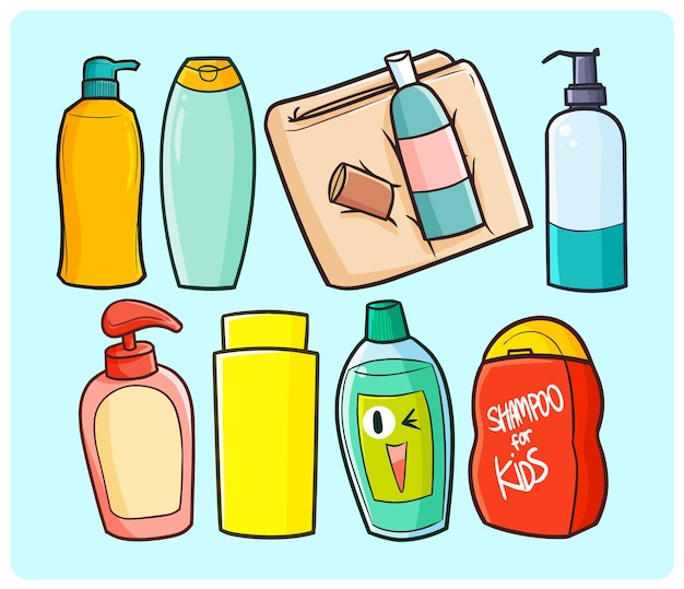 liquid soaps and shampoo collection in simple doodle style