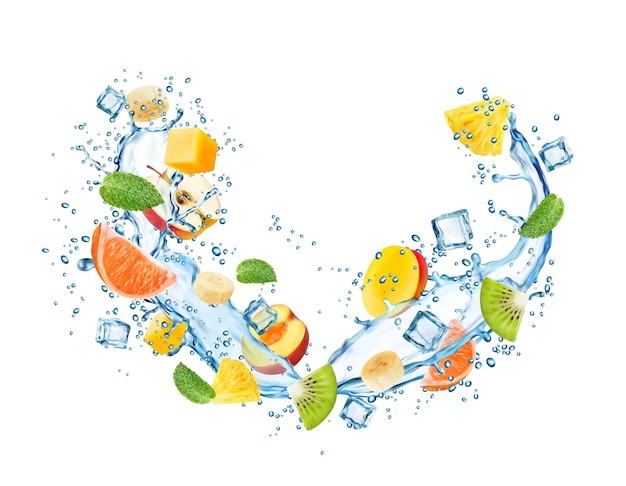 Liquid water wave splash with fruits and mint leaves with realistic ice cubes in drink isolated vector Tropical fruits soda juice or lemonade with pineapple mango or peach kiwi or orange in splash