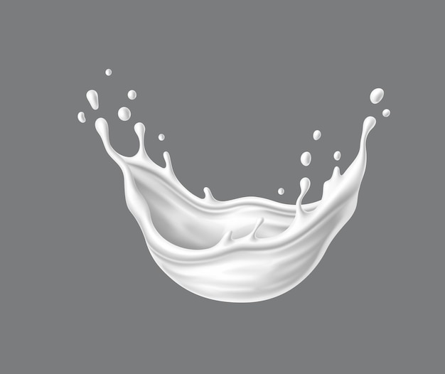 Liquid white yogurt and milk cream wave splash. Isolated realistic 3d vector pouring dairy product jet frozen in mid-air, droplets suspended in a dance of motion and fluidity with scatter droplets