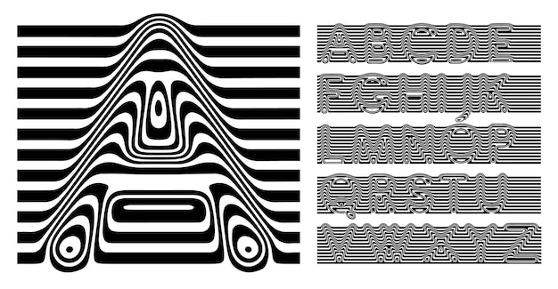 액화 알파벳 3d 줄무늬 문자 opart 로고 및 헤드라인 강조 타이포그래피 게임 디자인 벡터 타이포그래피 디자인을 위한 착시 글꼴