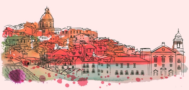 Vector lisbon cityscape skyline watercolor vector