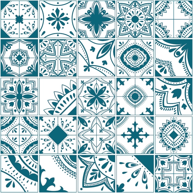 Лиссабонский геометрический узор вектор плитки, португальский или испанский ретро старая мозаика плитки, средиземноморский бесшовный синий дизайн.