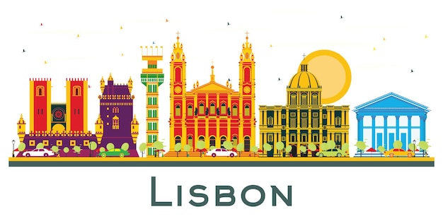 lisbon portugal city skyline with color buildings isolated on white