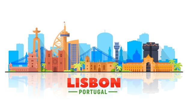 Skyline di lisbona portogallo con panorama su sfondo bianco illustrazione vettoriale viaggi d'affari e concetto di turismo con edifici moderni immagine per il sito web banner di presentazione