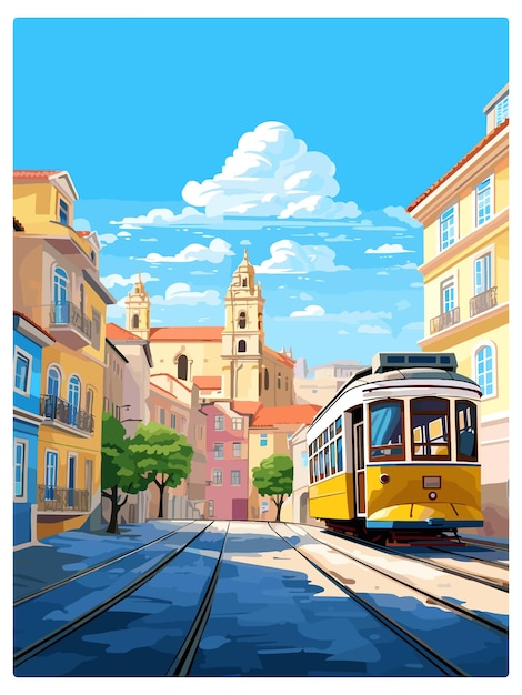 Vector lisbon portugal vintage travel poster souvenir postcard portrait painting wpa illustration