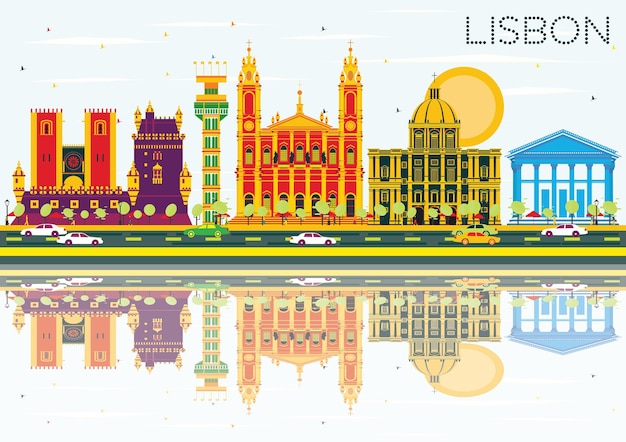 Lisbon Skyline with Color Buildings, Blue Sky and Reflections. Vector Illustration. Business Travel and Tourism Concept with Historic Architecture. Image for Presentation Banner Placard and Web Site.