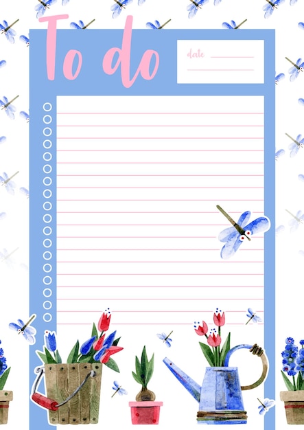 Vettore lista di cose da fare lista di controllo per il giardiniere agenda giornaliera concetto di modello di taccuino con illustrazioni ad acquerello di attrezzi da giardino per note foglio bianco carta a righe pronto per la stampa formato a3 a4 a5