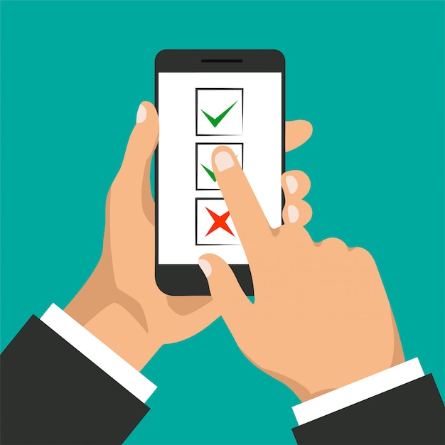 To do list concept. Hand holds smartphone and finger touch display. Check box on a phone screen. Businessman accept button and click on it.  illustration.