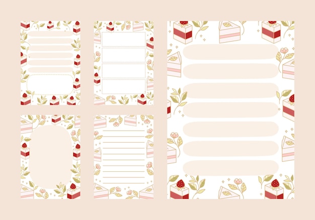 To do list, daily planner, notepad templates with hand drawn cake and strawberry elements