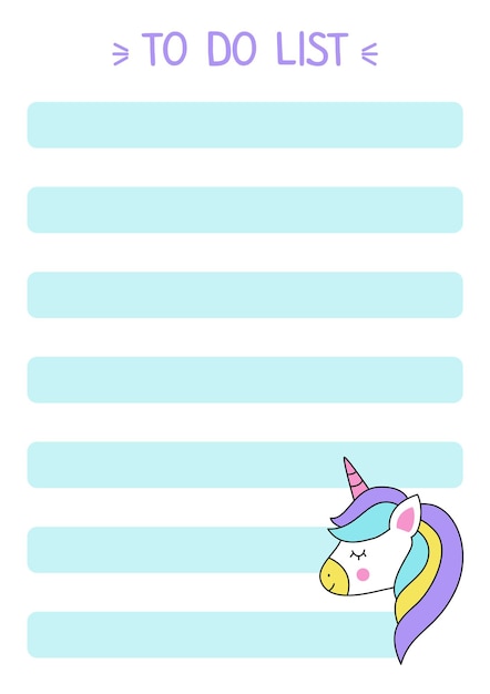 Lista delle cose da fare per le ragazze con un simpatico unicorno kawaii.