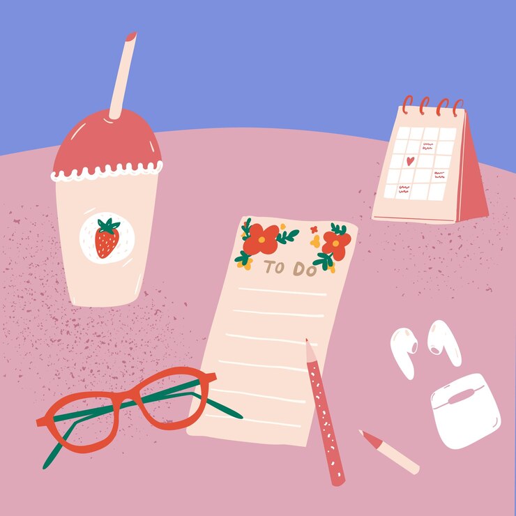 Vector to do list glasses strawberry latte and stationery on pink desk morning planning routine feminine vector illustration