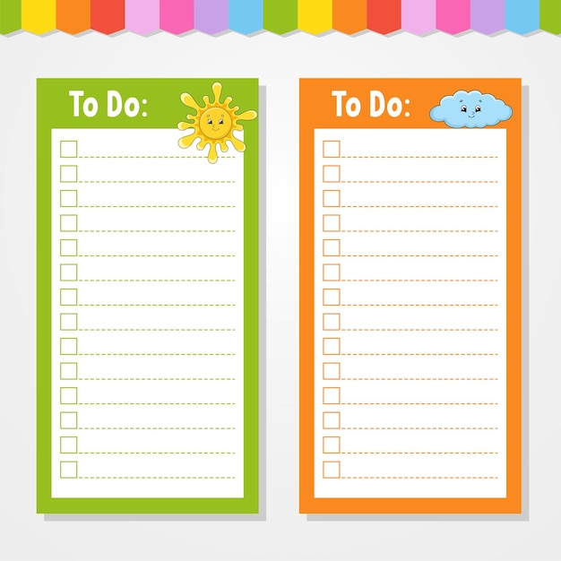 To do list for kids. Empty template. Sun and cloud. The rectangular shape. Funny character. Cartoon style. For the diary, notebook, bookmark.