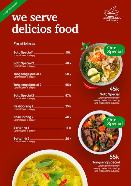 Vector list menu culinary indonesia