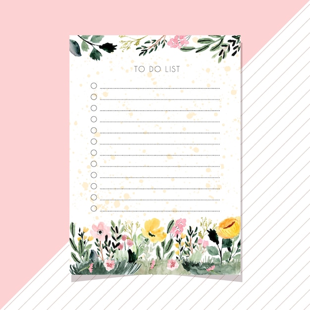 Vector to do list notes with floral garden watercolor background.