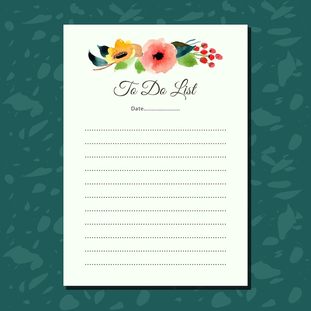 To do list paper with pretty floral watercolor arrangement