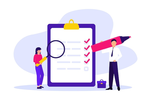 Vector to do list and planning checklist concept businessman holding giant marker at complete checklist with tick marks woman with a holding giant magnifier successfully complete business assignments