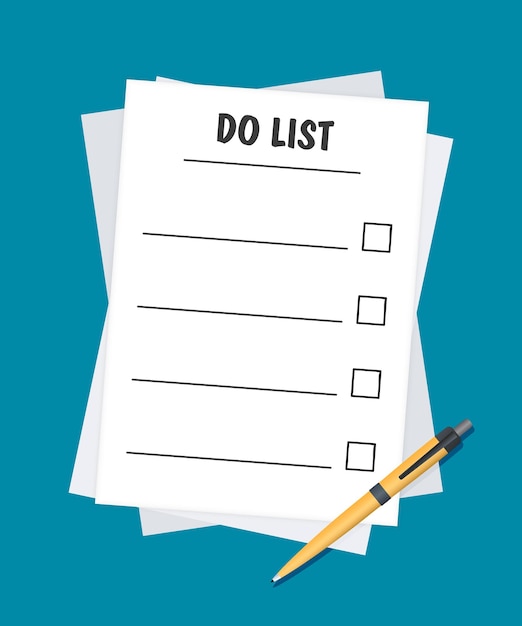 To do list or planning icon concept. All tasks are completed. Paper sheets with check marks, abstract text and marker. Vector flat illustration isolated on color background