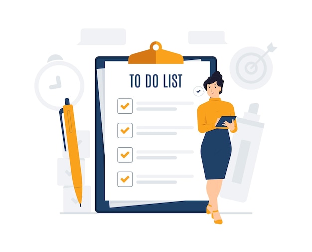 To do list task management planned prioritized time management Businesswoman do daily tasks planning with checklist on notepad paper agreement concept illustration