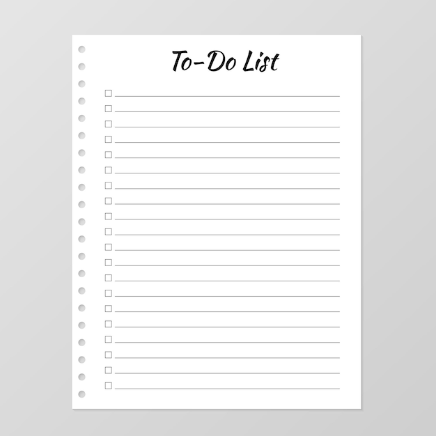 To do list template Daily planner page Lined paper sheet Blank white notebook page isolated on grey Stationery for education office and planning a routine Realistic vector illustration