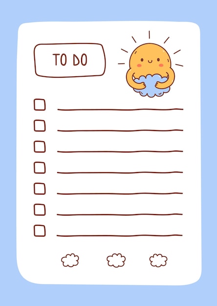 To do list template decorated by kawaii sun hugging a cloud Cute design of schedule daily planner