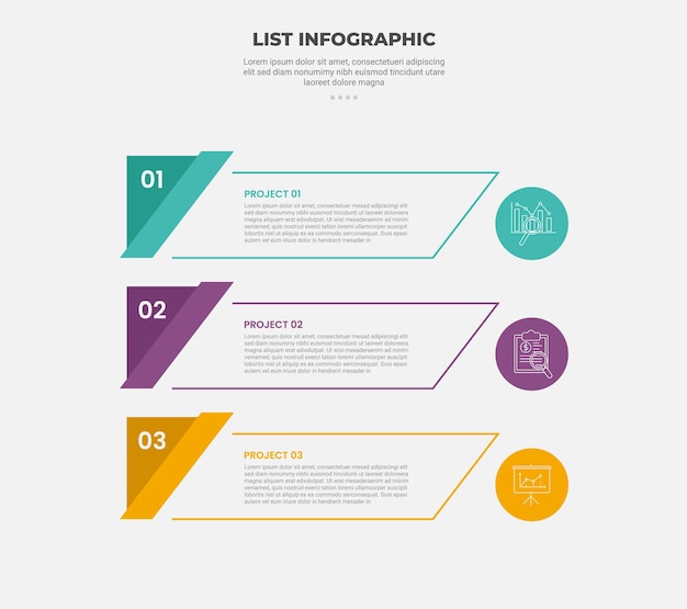 list vertical stacked process infographic outline style with 3 point template with creative ribbon badge with skew rectangle container for slide presentation