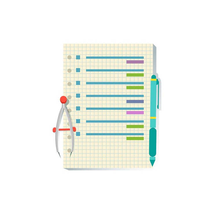 Vector list with plan office worker desk element part of workplace tools and stationary collection objects