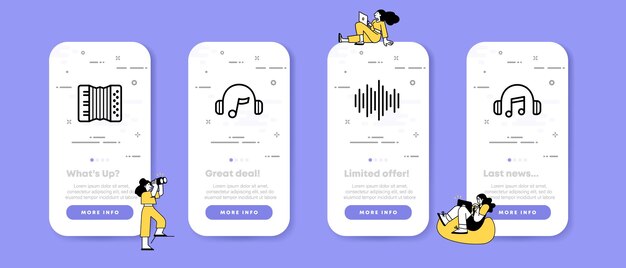 listen to music set icon harmonica headphones note sound recording hobby concept ui phone app screens with people vector line icon for business and advertising