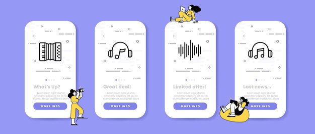 音楽セットアイコンを聞くハーモニカヘッドフォンノート録音趣味コンセプトUI電話アプリ画面人とビジネスと広告のためのベクトル線アイコン