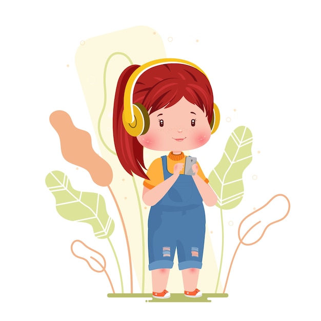 Listening Music Cute Girl Character Concept Illustration Holding Smartphone