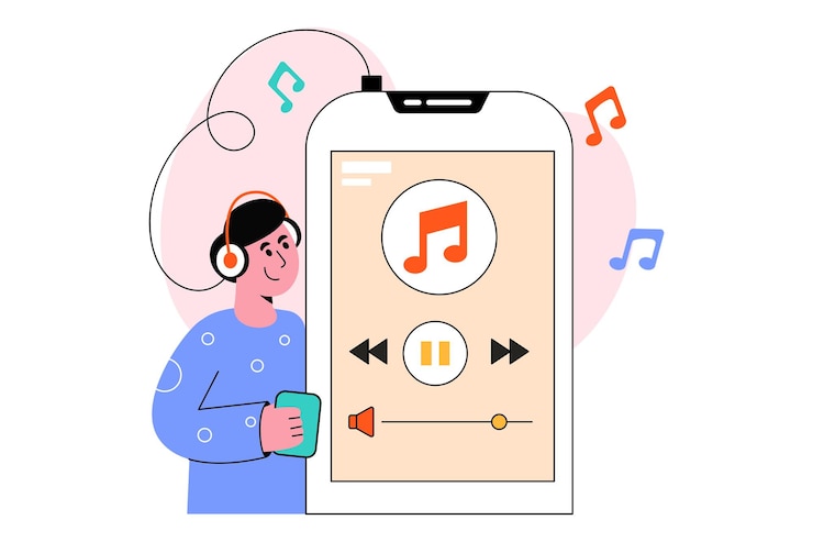 Vector 듣기 음악 평면 스타일 디자인 벡터 일러스트 레이 션. 재고 일러스트