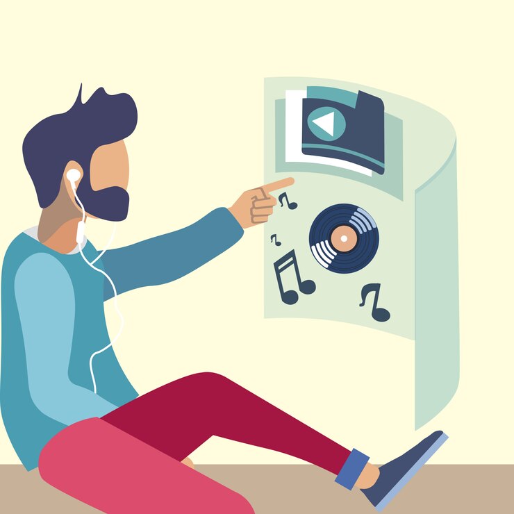 Vector listening music in virtual reality illustration