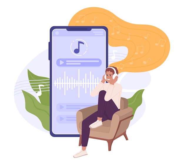 Vector listening to podcast in headphones flat concept vector spot illustration