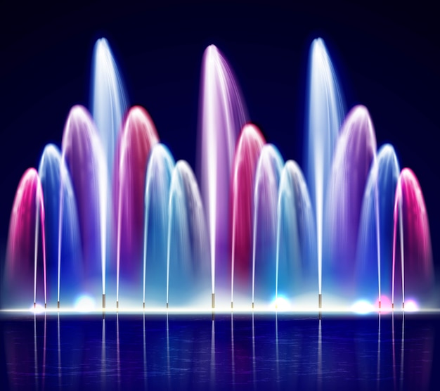 Vector lit night colorful fountain realistic illustration