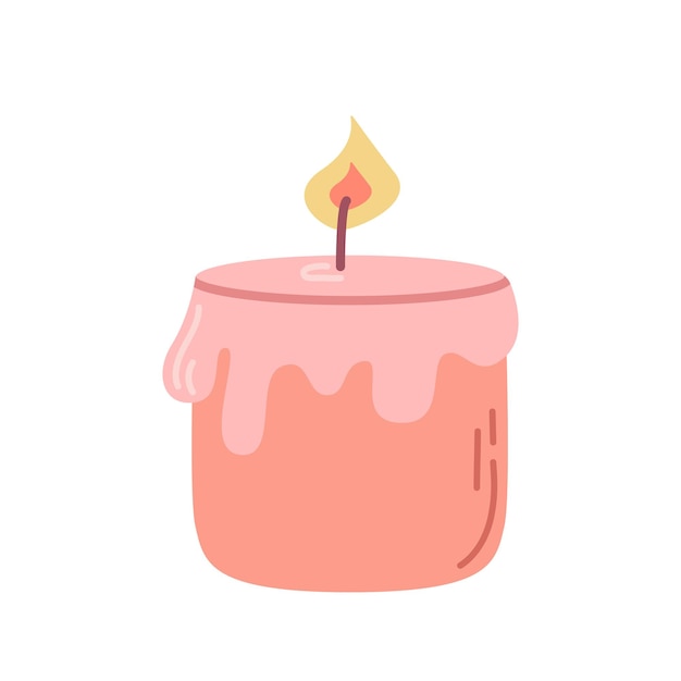 Lit pink candle with dripping wax on white background vector flat illustration