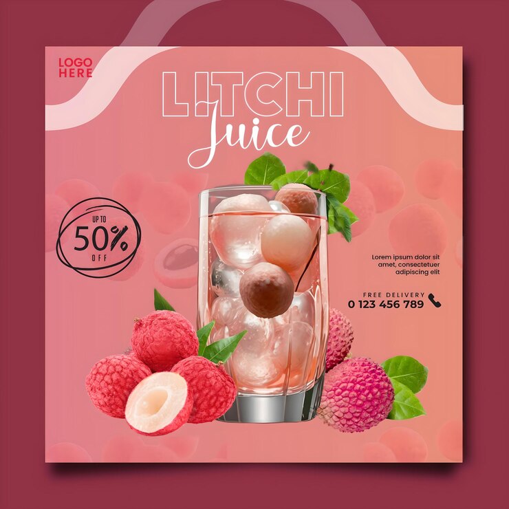 Vector litchi juice fruit social media post design banner template