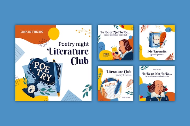 Vector literature book club instagram posts collection