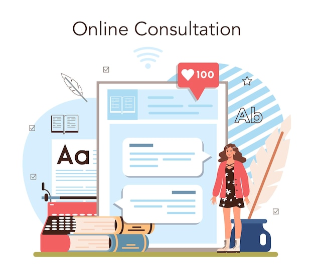 Literature school subject online service or platform. Study ancient writer and modern novel. Literary academic course. Online consultation. Vector illustration