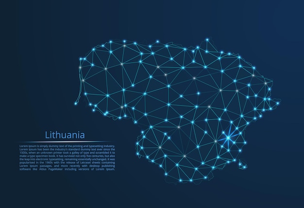 Lithuania communication network map Vector low poly image of a global map with lights